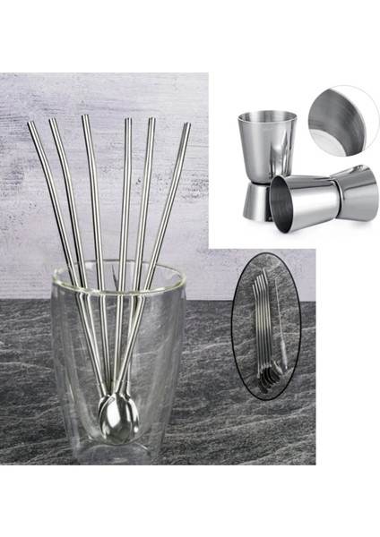Jigger 2.5/5 cl + Kaşıklı Çelik Pipet 6lı + Fırça Kokteyl Karıştırıcı Kaşığı Bar Koktely Ölçeği