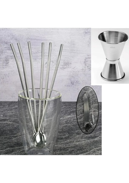 Kokteyl Seti 7li Jigger 3/4.5 cm Pipetli Bar Kaşığı Çelik Pipet 6lı Fırça Kokteyl Bar Ölçeği