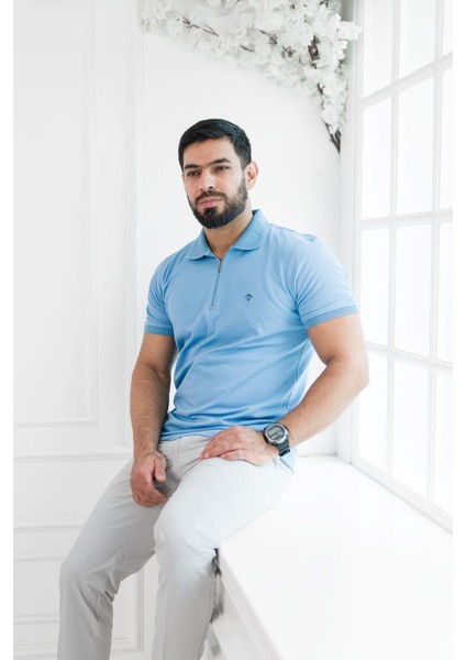 Fermuarlı Polo Yaka %100 Pamuk Regular Fit T-Shirt