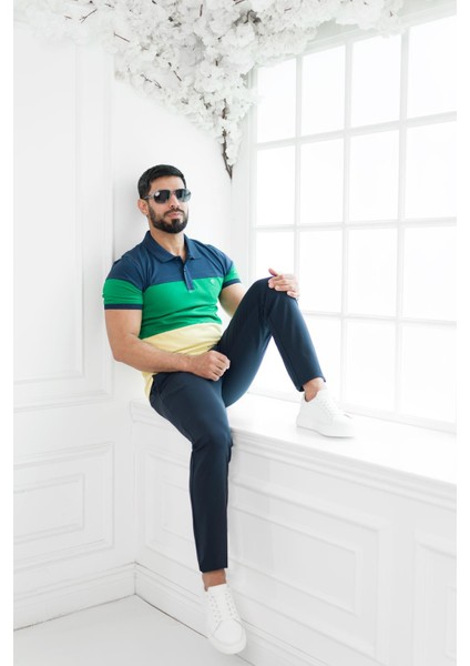 Polo Yaka %100 Pamuk Büyük Parça Desenli Regular Fit T-Shirt