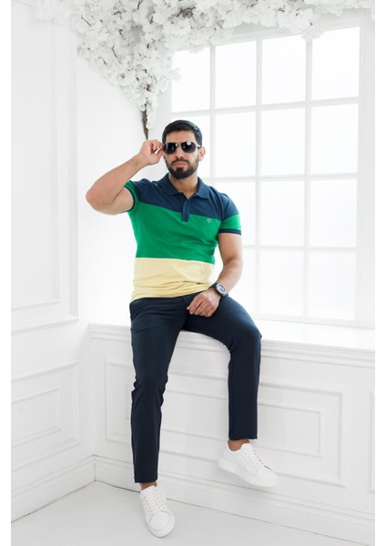 Polo Yaka %100 Pamuk Büyük Parça Desenli Regular Fit T-Shirt