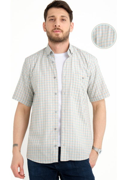Erkek Su Yeşili Kısa Kollu Cepli Pamuklu Yazlık Kareli Gömlek