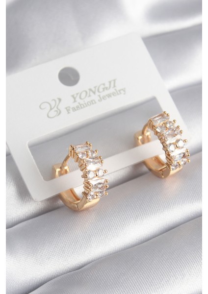 Pirinç Gold Renk Zirkon Taşlı Halka Model Kadın Küpe