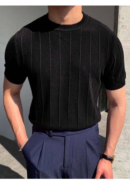 Casual Siyah Pamuklu Bisiklet Yaka Erkek Triko Regular Polo Yakalorins Moda