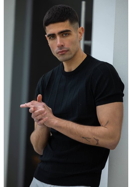 Casual Siyah Pamuklu Bisiklet Yaka Erkek Triko Regular Polo Yakalorins Moda fırsatları