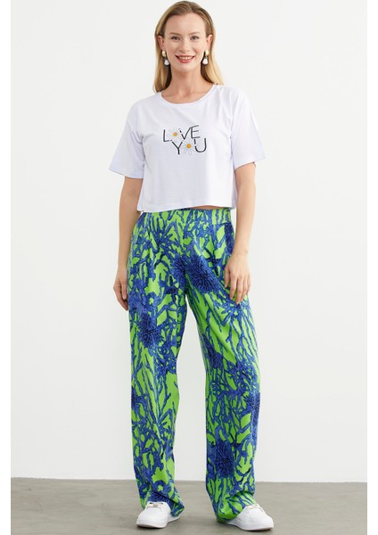 Oversize Baskılı Crop Tişört - Beyaz
