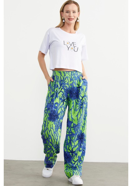 Oversize Baskılı Crop Tişört - Beyaz