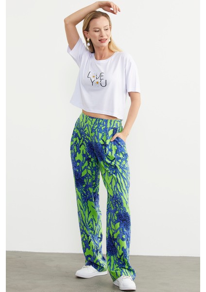 Oversize Baskılı Crop Tişört - Beyaz