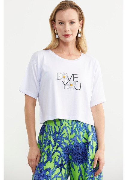 Oversize Baskılı Crop Tişört - Beyaz