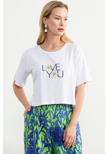 Oversize Baskılı Crop Tişört - Beyaz