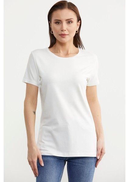 Sıfır Yaka Kısa Kol Basic Tişört - Ekru fiyatları