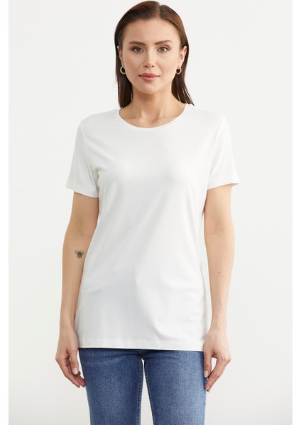 Sıfır Yaka Kısa Kol Basic Tişört - Ekru modelleri