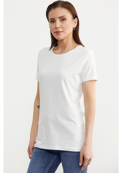 Sıfır Yaka Kısa Kol Basic Tişört - Ekru fırsatları