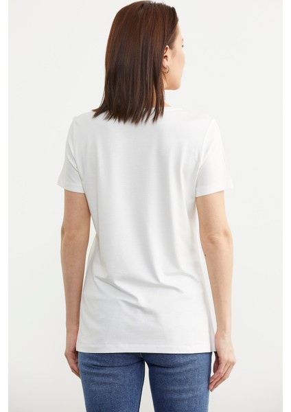 Sıfır Yaka Kısa Kol Basic Tişört - Ekru indirimleri