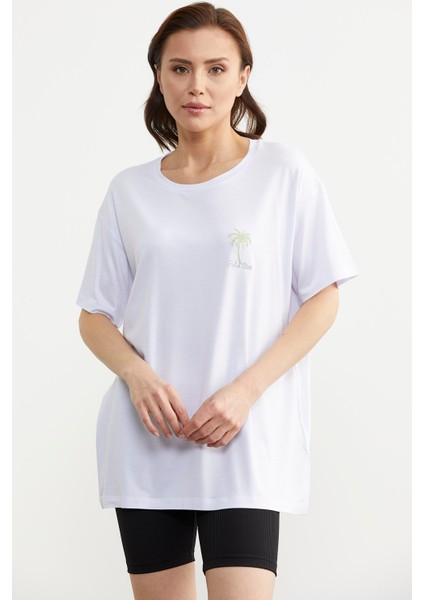 Büyük Beden Düşük Kol Penye Tişört - Beyaz