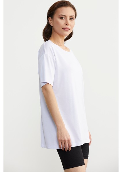 Büyük Beden Düşük Kol Penye Tişört - Beyaz modelleri