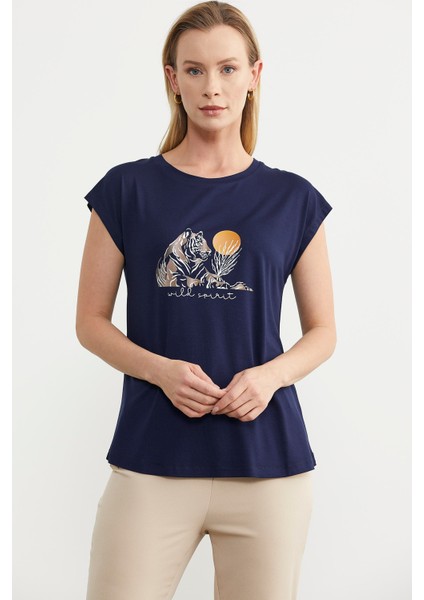 Düşük Kol Baskılı Viskon Tişört - Lacivert fiyatları