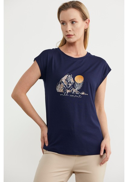 Düşük Kol Baskılı Viskon Tişört - Lacivert modelleri