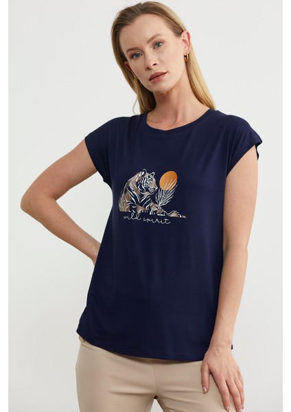 Düşük Kol Baskılı Viskon Tişört - Lacivert fırsatları