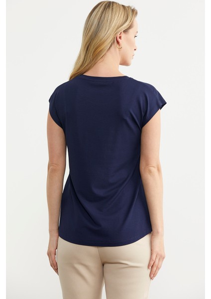 Düşük Kol Baskılı Viskon Tişört - Lacivert indirimleri
