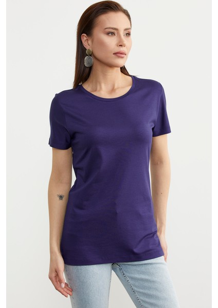 Sıfır Yaka Kısa Kol Basic Tişört - Lacivert fırsatları