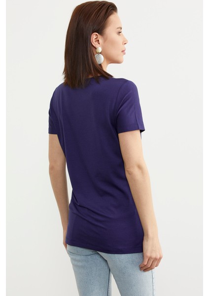 Sıfır Yaka Kısa Kol Basic Tişört - Lacivert indirimleri