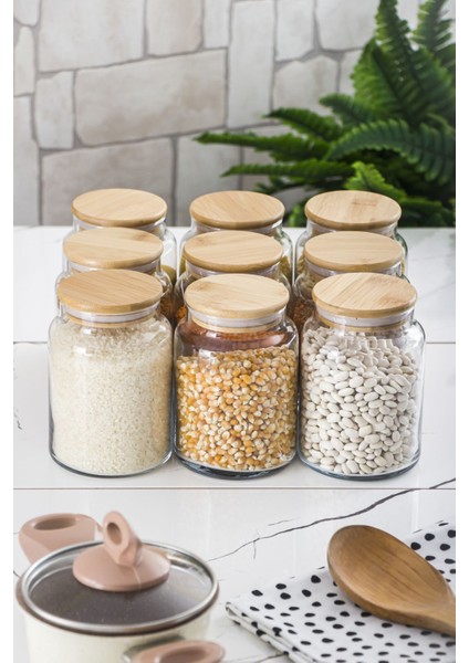 9 Lu Set Bambu Kapaklı Cam Kavanoz & Erzak Saklama Kabı 800 ml Orta Boy ( Vakum Kapak )