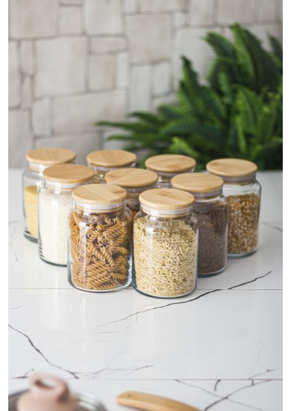 9 Lu Set Bambu Kapaklı Cam Kavanoz & Erzak Saklama Kabı 800 ml Orta Boy ( Vakum Kapak )