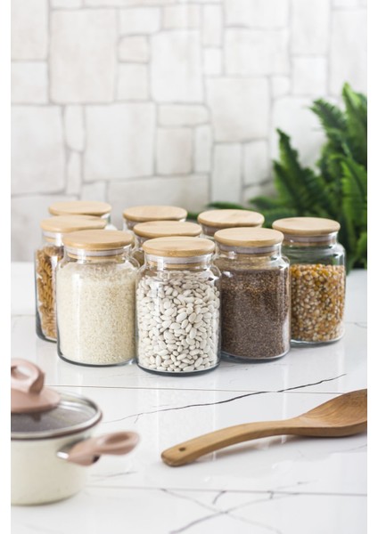 9 Lu Set Bambu Kapaklı Cam Kavanoz & Erzak Saklama Kabı 800 ml Orta Boy ( Vakum Kapak )