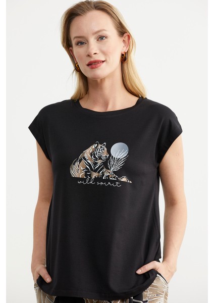 Düşük Kol Baskılı Viskon Tişört - Siyah modelleri