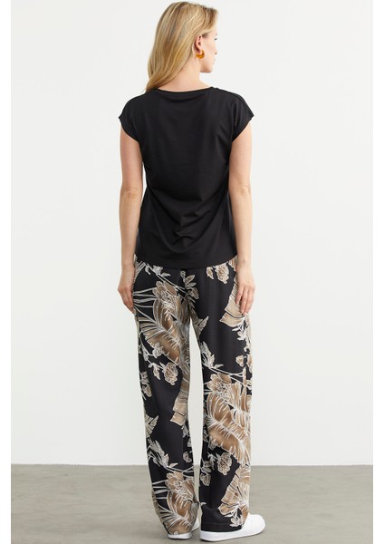 Düşük Kol Baskılı Viskon Tişört - Siyah indirimleri