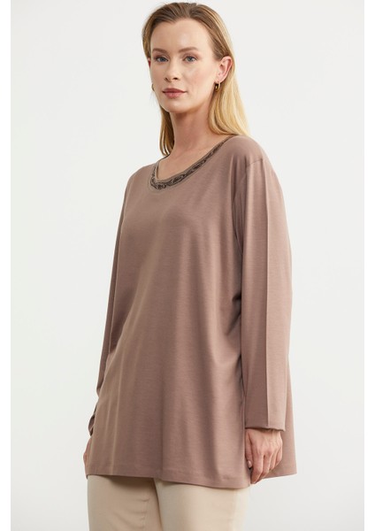 Büyük Beden Uzun Kol Tişört - Vizon fiyatları