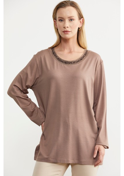 Büyük Beden Uzun Kol Tişört - Vizon modelleri