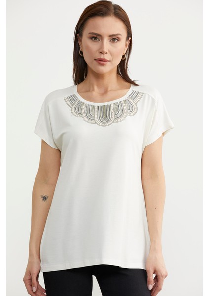 Yaka Detaylı Dökümlü Penye Tişört - Ekru fırsatları