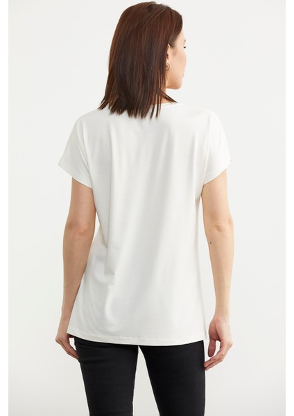 Yaka Detaylı Dökümlü Penye Tişört - Ekru indirimleri