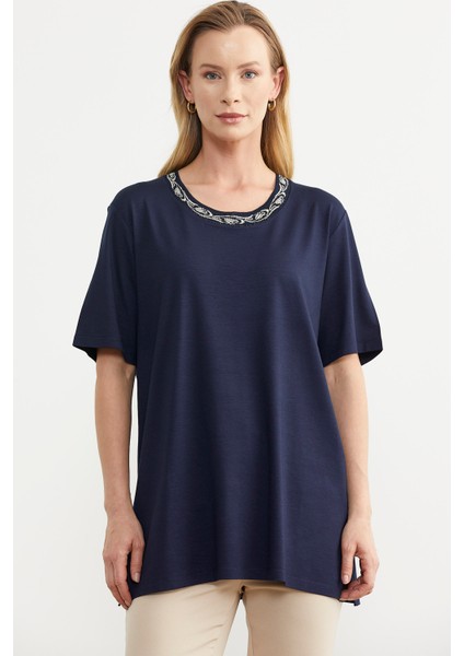 Büyük Beden Penye Tişört - Lacivert