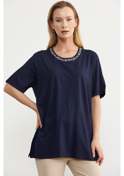 Büyük Beden Penye Tişört - Lacivert modelleri