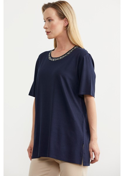 Büyük Beden Penye Tişört - Lacivert fırsatları