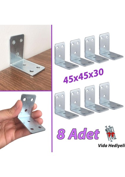 8 Adet Mobilya Eşya Dolap Duvar Sabitleyici Köşe Bağlantı L Demir Gönye Deprem Güvenliği 45 x 45 x 30 mm