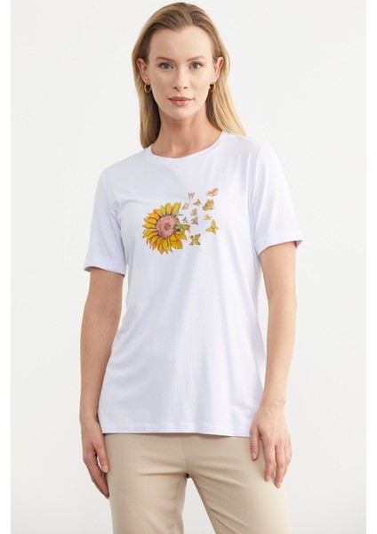 Baskılı Basic Penye Tişört - Beyaz