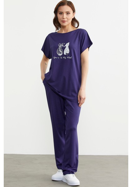 Baskılı Pantolon Bluz Penye Takım - Lacivert