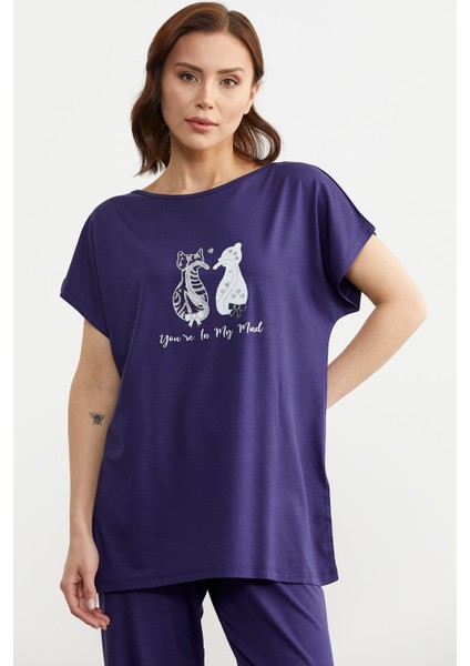 Baskılı Pantolon Bluz Penye Takım - Lacivert fırsatları