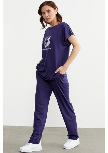 Baskılı Pantolon Bluz Penye Takım - Lacivert indirimleri