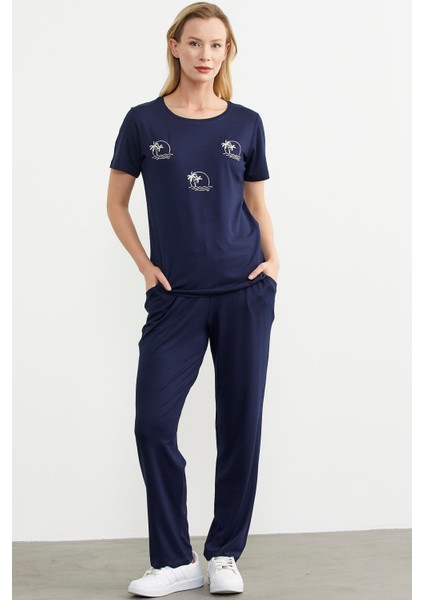 Palmiye Nakışlı Dökümlü Penye Takım - Lacivert