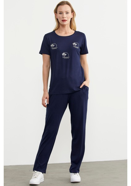 Palmiye Nakışlı Dökümlü Penye Takım - Lacivert fiyatları