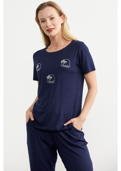 Palmiye Nakışlı Dökümlü Penye Takım - Lacivert modelleri