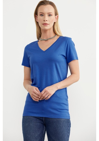 V Yaka Dökümlü Basic Tişört - Saks