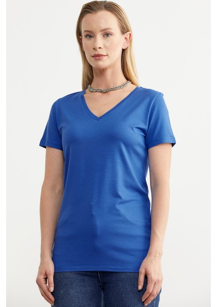 V Yaka Dökümlü Basic Tişört - Saks fiyatları