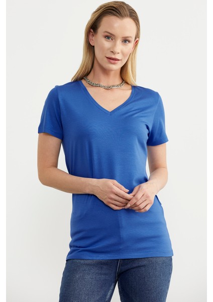 V Yaka Dökümlü Basic Tişört - Saks fırsatları