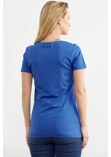 V Yaka Dökümlü Basic Tişört - Saks indirimleri